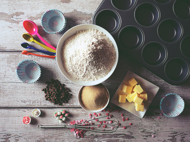 Ingredients and tools from a baking kit